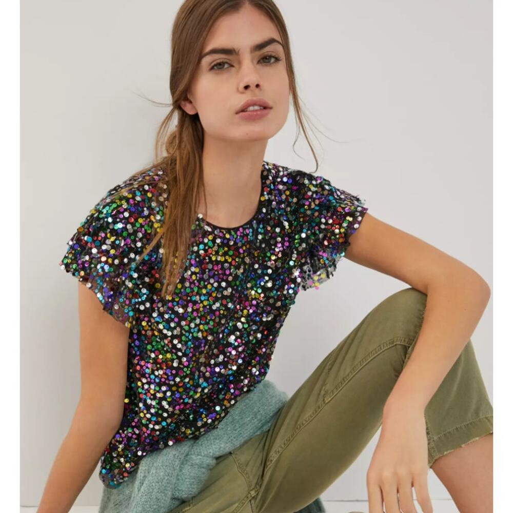 by ANTHROPOLOGIE Pamela Sequin Top Small Black Multicolor Party Sparkle Glam - Picture 8 of 13